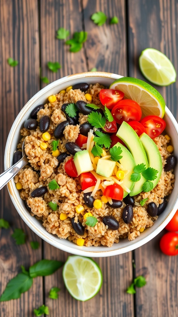 A turkey taco quinoa bowl with quinoa, ground turkey, black beans, corn, avocado, tomatoes, and cheese, garnished with cilantro and lime.